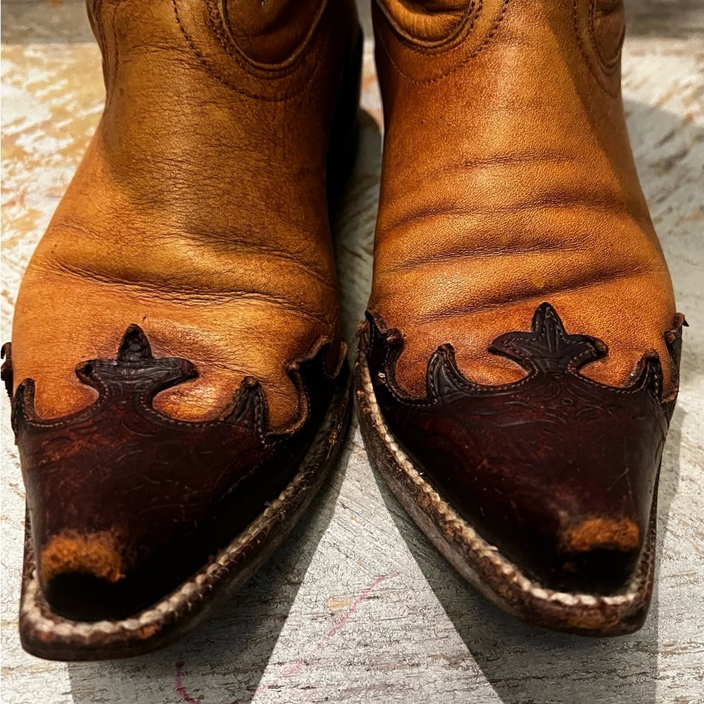 Tony Lama Two-Tone Tan and Dark Brown Western Heeled Cowboy Boots - Picture 3 of 14